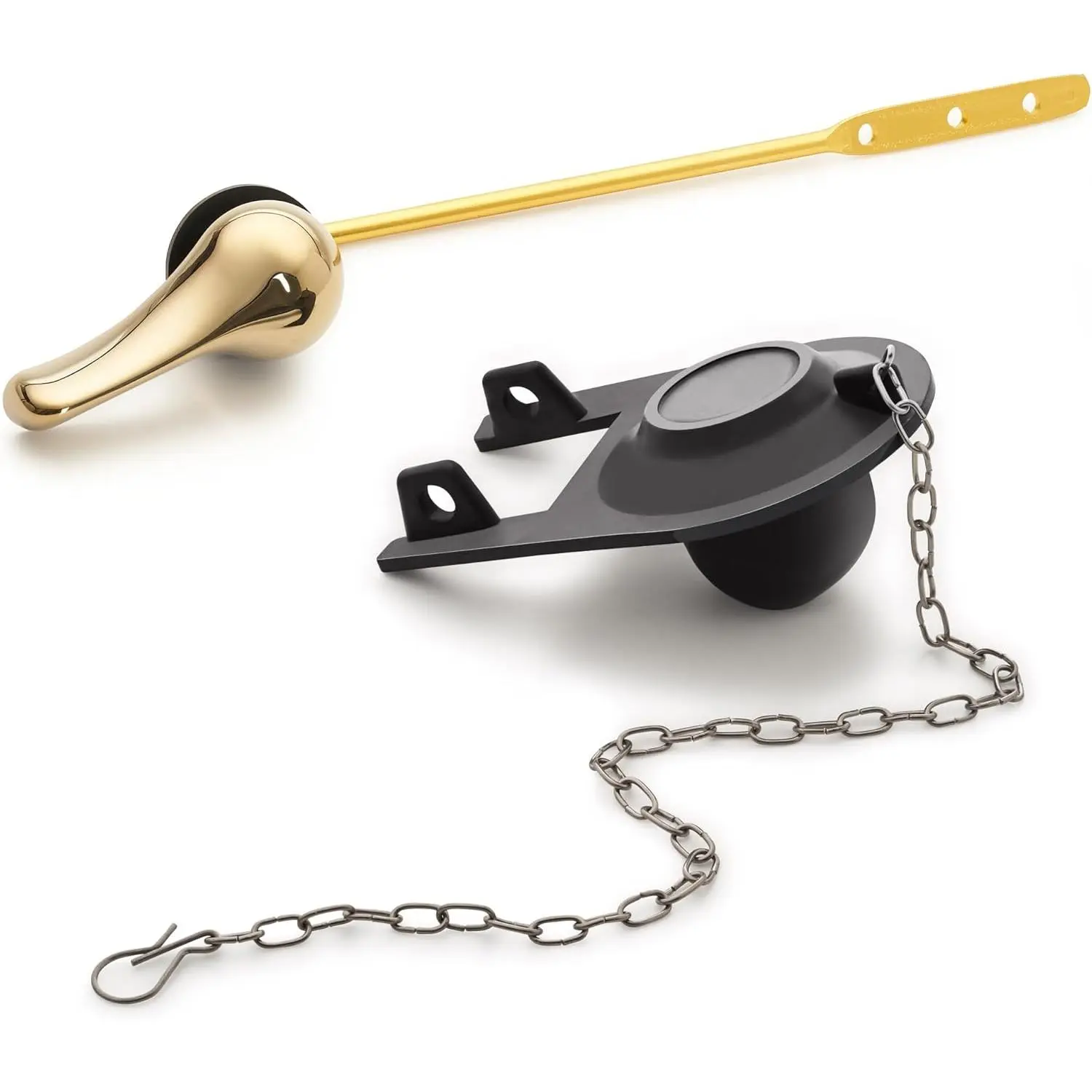 Front Mount Brass Polished Gold Toilet Handle Replacement Kit with 2 Inch Universal Toilet Flapper Replacement Kit and Stainless Steel Toilet Flapper Chain