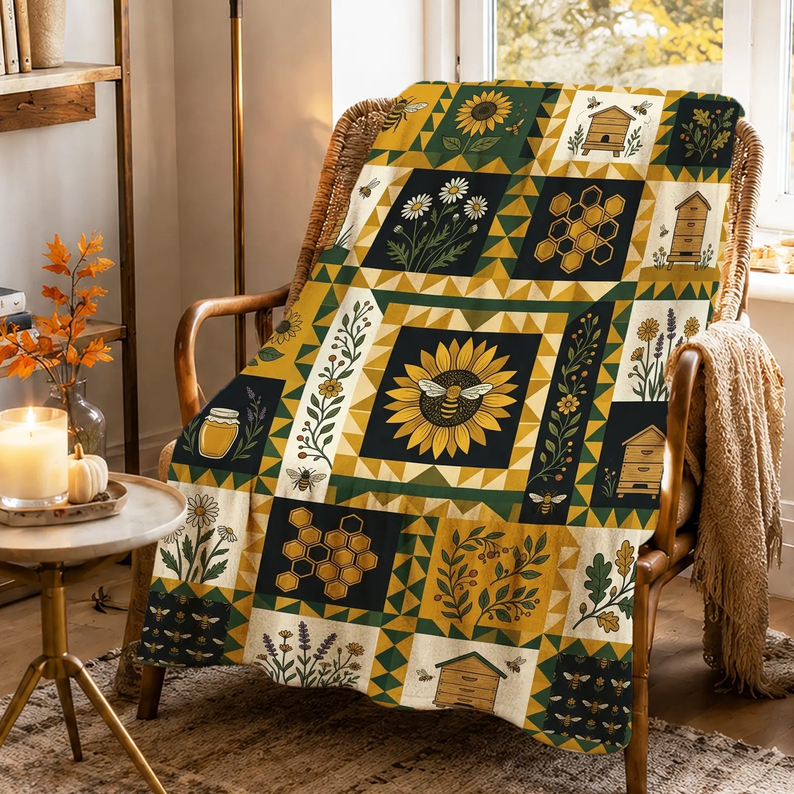 1pc Sunflower Bee Honeycomb Blanket, Rustic Farmhouse Style, Colorful Patchwork Design with Floral and Bee Illustrations, for Sofa Living Room and Spring Decor