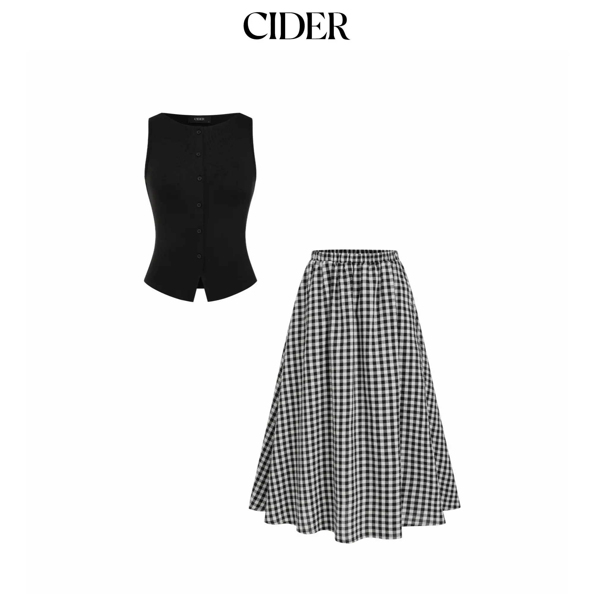 Cider Cotton Button Top & Gingham A-line Maxi Skirt Set Cider Cotton Button Top & Gingham A-line Maxi Skirt Set