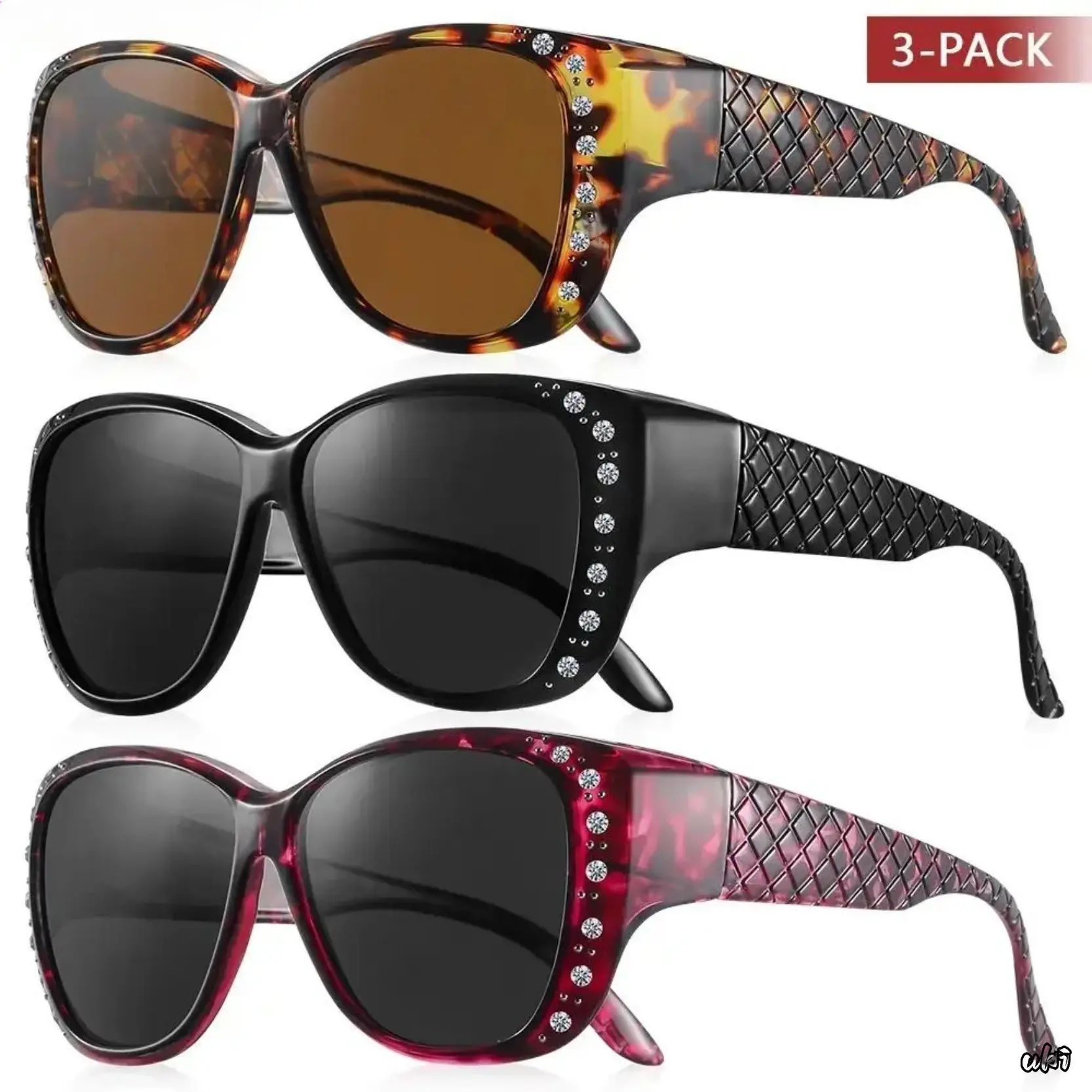 Women's 3-Pack Fit Over Sunglasses - Practical Outdoor Full Coverage Oversized Lightweight Frames for Prescription Eyewear, UV400 Anti Glare Lenses for Daily Use