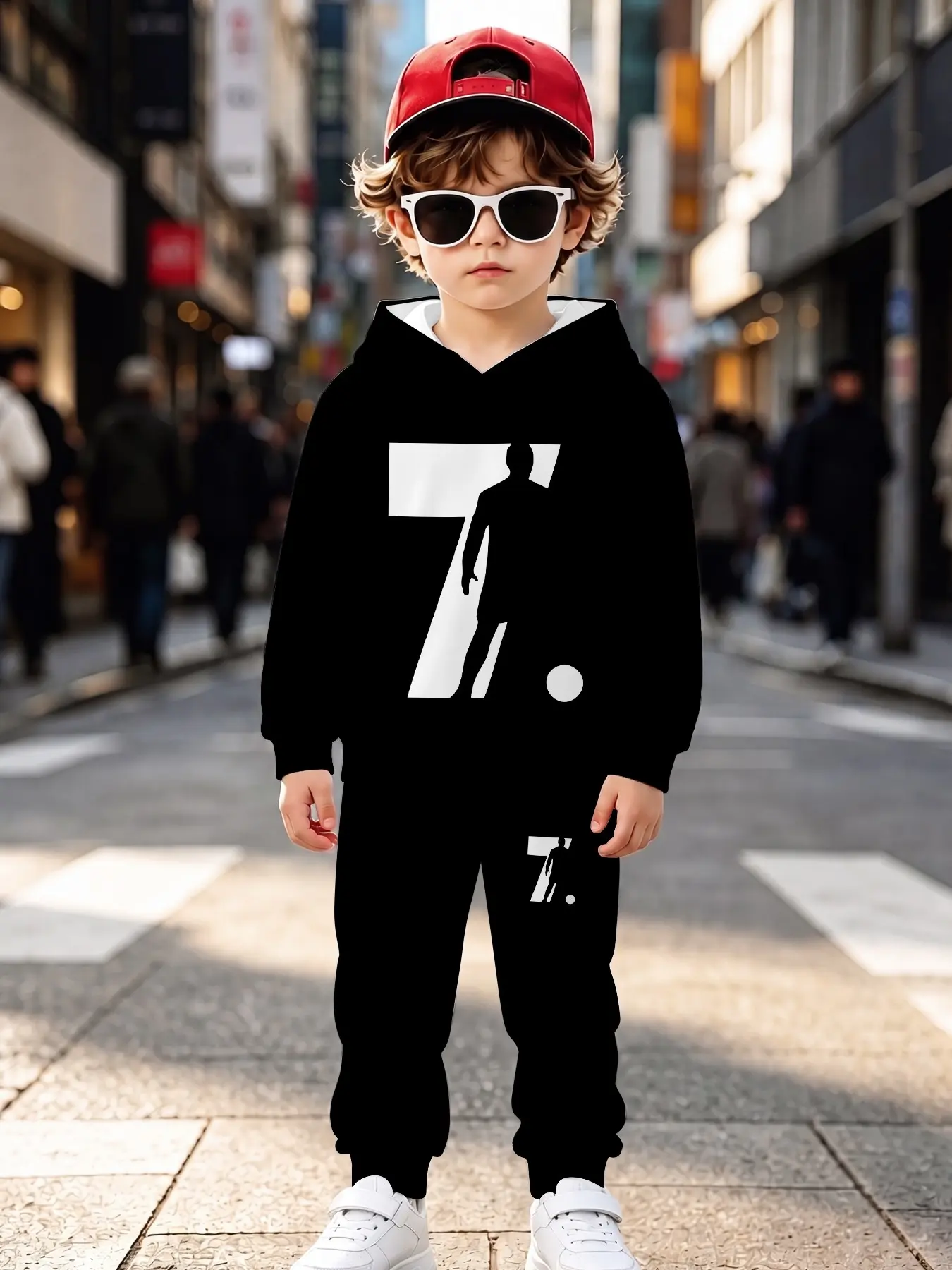 Base Silhouette Kids Hooded Sports Set, Long Sleeve Loose-Fit Casual, Fall & Winter All over Print Sweapants
