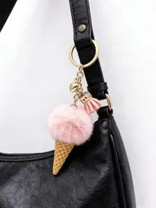 Cute Ice Cream Pom Pom Keychain, Pink Cone Bag Charm