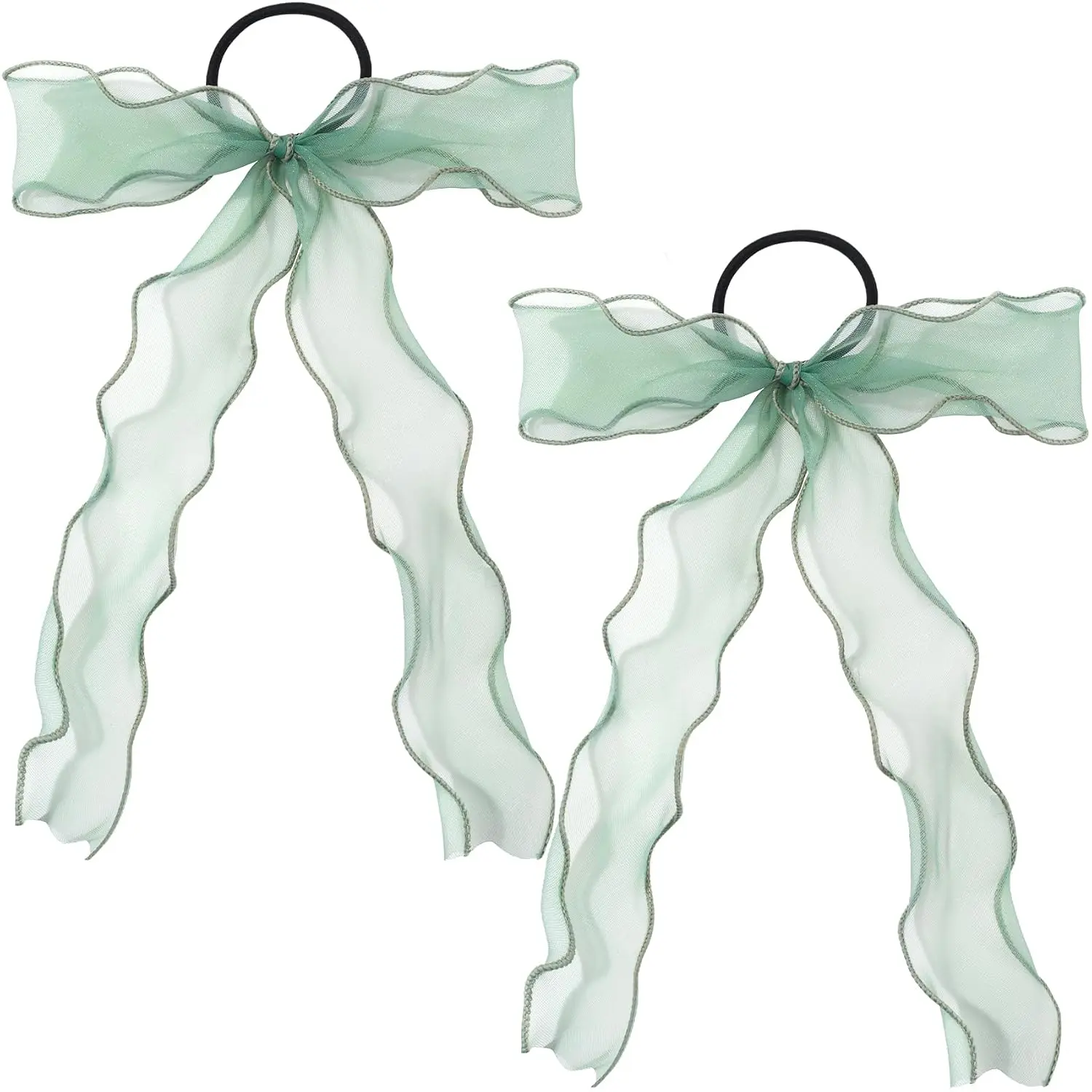 2 count Large Bow Hair Ties, Light Green Organza Ribbon Hair Scrunchies | Elegant Long Tail Bowknot Ponytail Holder  Hairstylist Accessories for Women for Wedding, Parties, Festivals