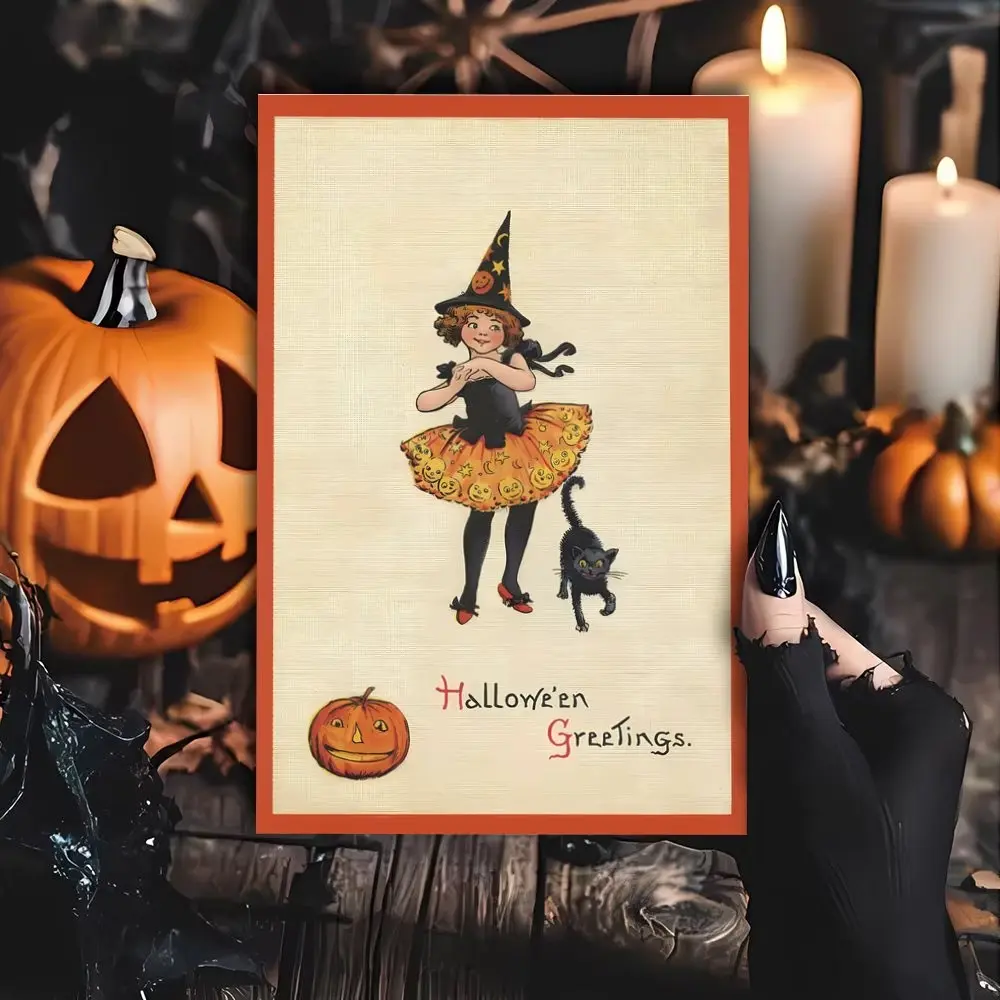1pc Greeting Card with Envelope, Terrifying Pumpkin Head Cat Evil Witch Retro Halloween Card, All Occasion Cards for Friends, Family, Halloween