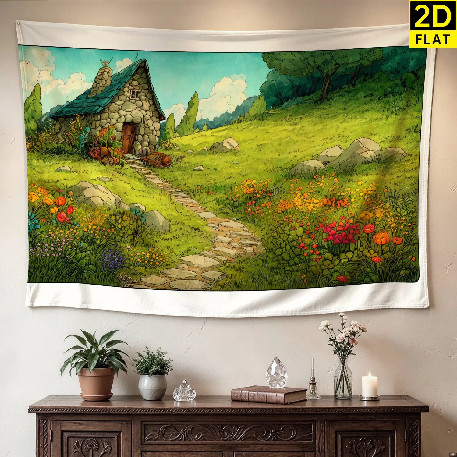 Stone Cottage Garden Landscape Wall Tapestry - Large Printed Horizontal Polyester Artwork, No-Installation Room Decor Wall Hanging for Living Room, Gift for Family, Decor Accessories, Room Decorations
