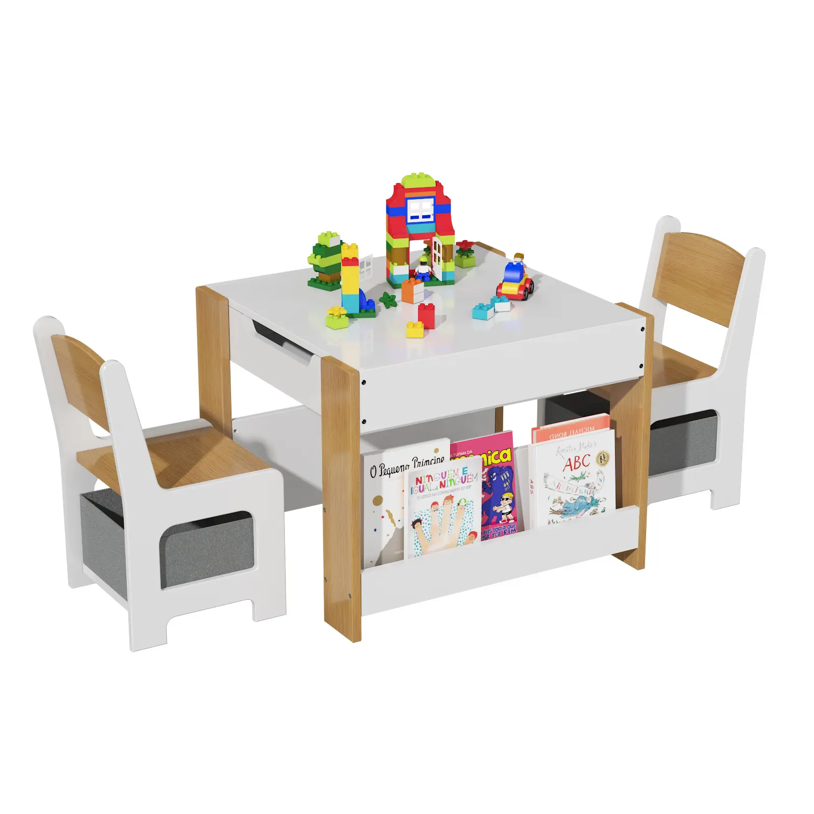 Kids Table and Chair Set, 4 in 1 Wooden Activity Table & 2 Chairs with Storage Drawer Detachable Tabletop for Toddlers Kids Drawing, Reading, Crafts, Art, Homework, Nursery, Playroom,White/Grey/Pink