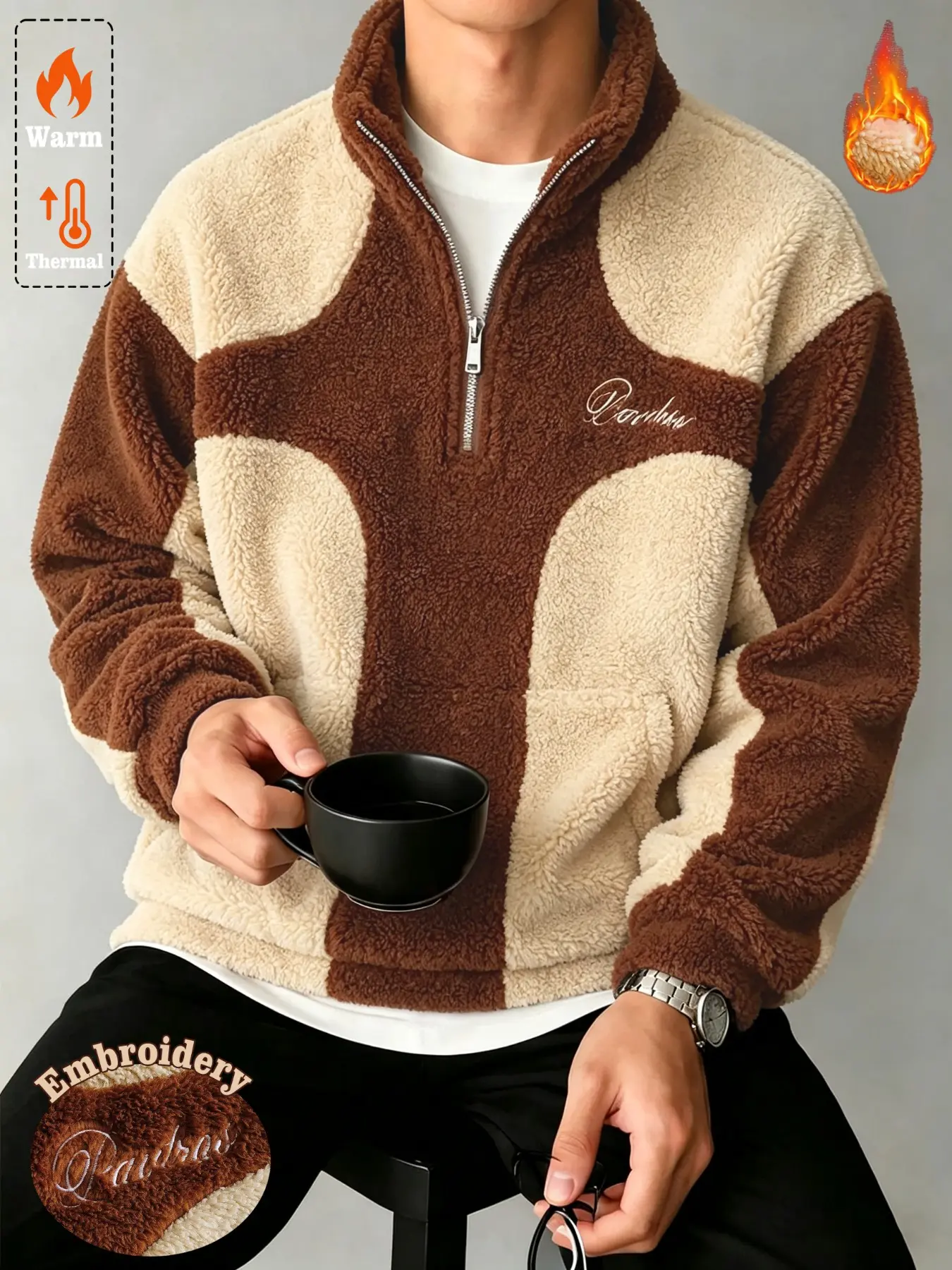 Men's Colorblock Half-Zip Fleece Lamb Wool Coat, Warm and Stylish, Casual Streetwear, Versatile and Trendy, Perfect for Everyday Wear