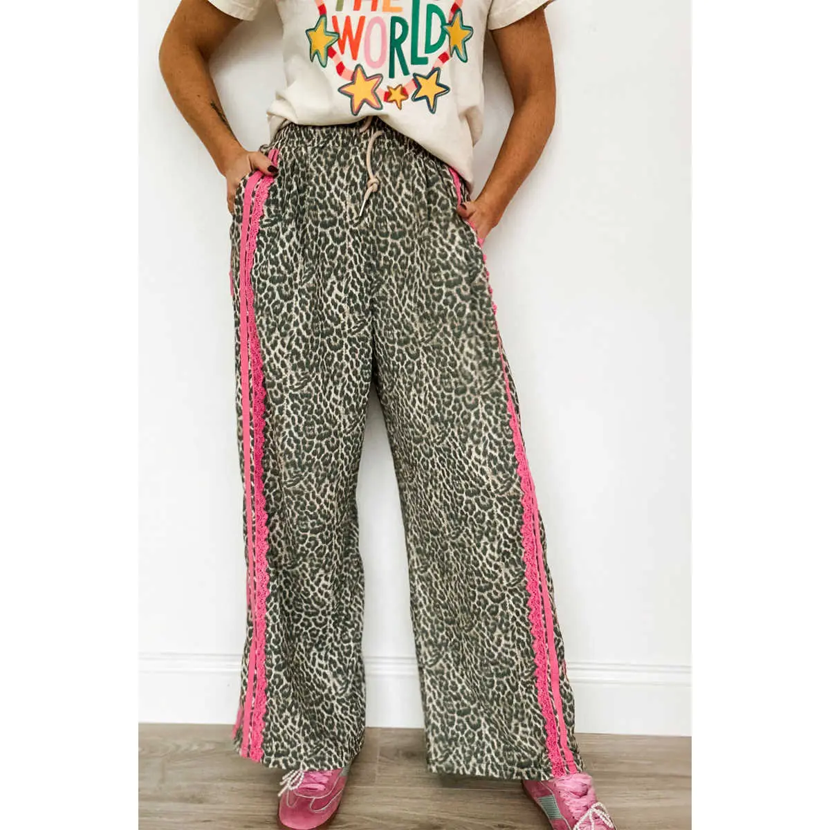 Women's Casual Leopard Print Pants with Lace Stripe Detail, High Waist Adjustable Drawstring, Stretchy Fabric, Bottom, Lightweight, Lacy