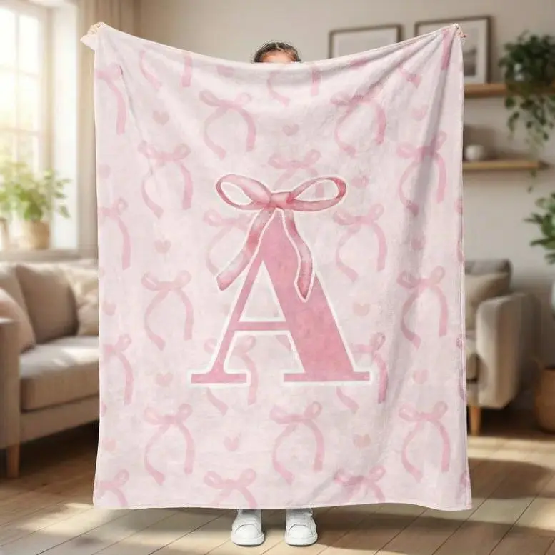 Classic Bow Pattern Flannel Cooling Throw Blanket, Pink Watercolor Coquette A-Z Alphabet Bowknot Graphic, Soft Lightweight Decor Blanket for Couch Bed Office Travel, All Season Birthday Holiday Gift for Women Girls, Polyester, Breathable Cool