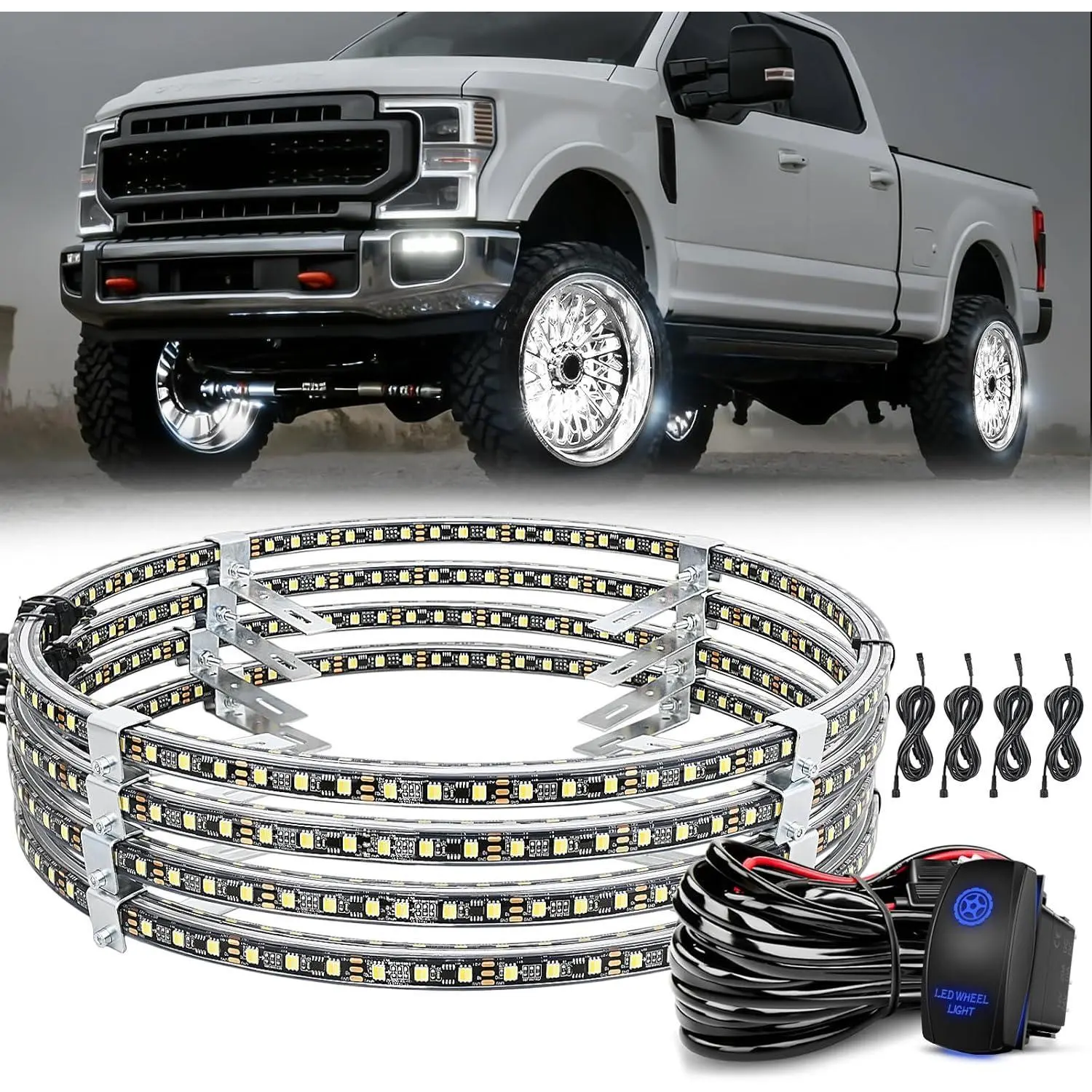 Nilight 4PCS 17in Pure White Luminous LED Wheel Ring Lights, Dual Rows Car Decorative Light with 1x 5-Pin Rocker Switch Wiring Harness, 3x Replacement Fuses, Mounting Brackets, IP67 Waterproof for Car Van SUV Truck, 636pcs SMD 5050 LED Chips, Led Lights