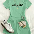【Black Friday】Women's "MILANO" Letter Print Two-Piece Set, Casual Activewear, Short Sleeve Tee & Shorts, Sportswear, Fashion Outfit