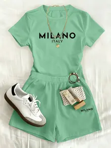 2-piece set, Milan, Italy fashion capital Italian casual sportswear short sleeve and hot pants set, women's fashion top and shorts