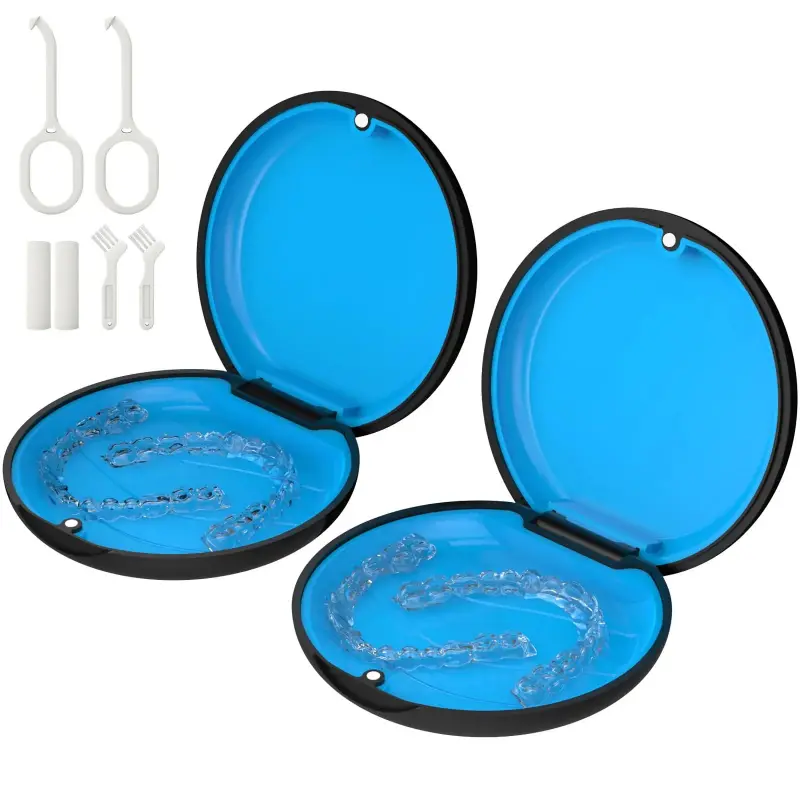2-Pack Oral Compact Retainer Case with Magnetic Close, Compatible with Invisalign, Cute Slim Orthodontics Aligner Case with Removal Tool and Brush, Black
