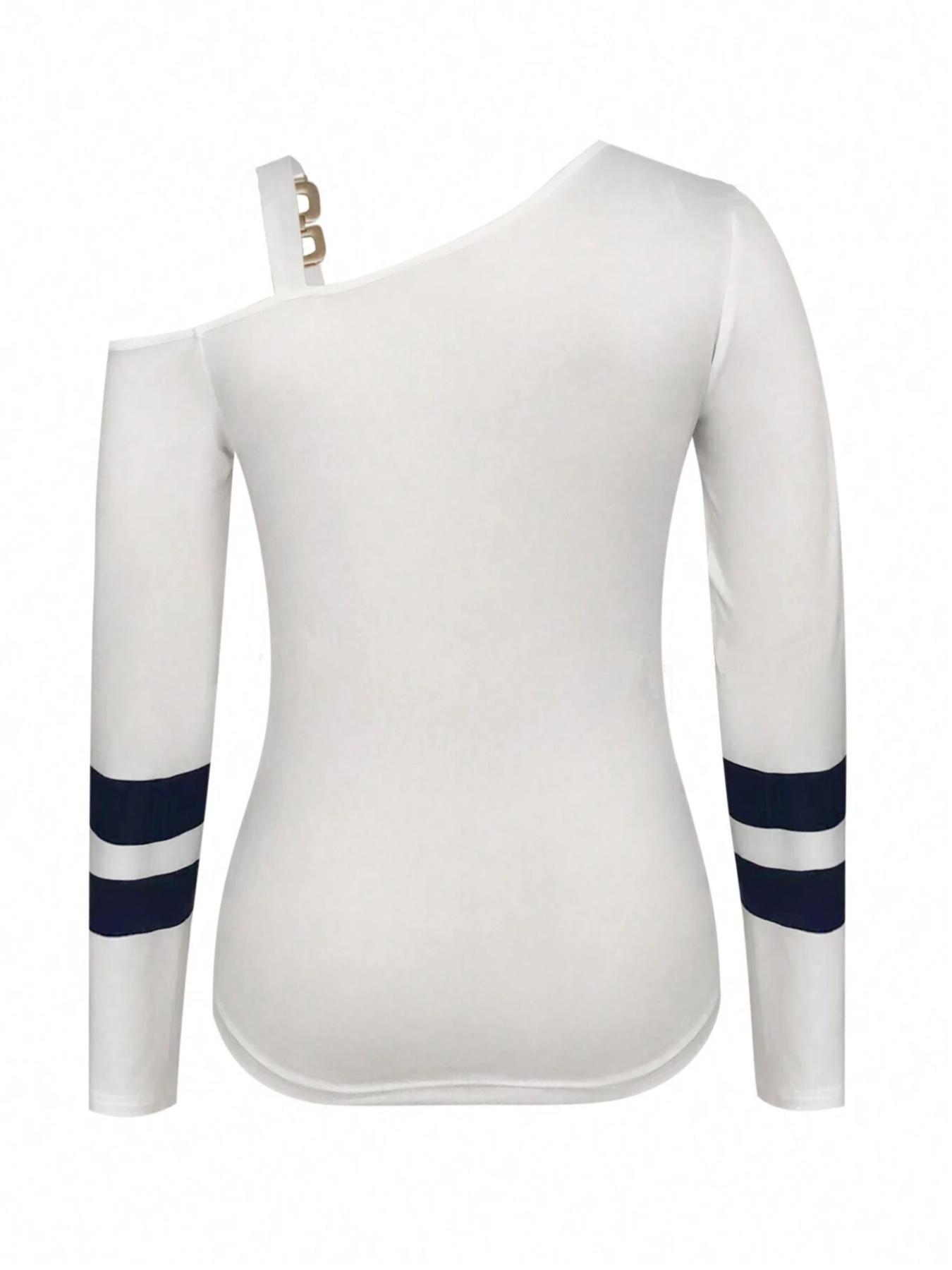 Women's Anchor Print Asymmetrical Neck Tee, Casual Long Sleeve Fitted T-shirt for Daily Wear, Ladies Clothes for All Seasons, Clothing, Top