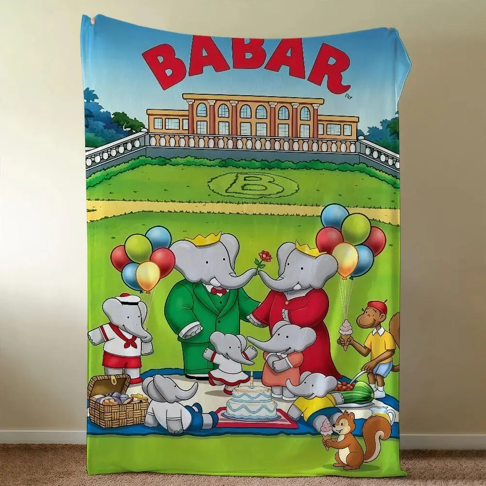 Babar The Elephant Cartoon Print Polyester Flannel Throw Blanket - Cute, Soft, Cozy Look Multi-Size Camping Sleeping Gear for Travelers, Ideal Gift