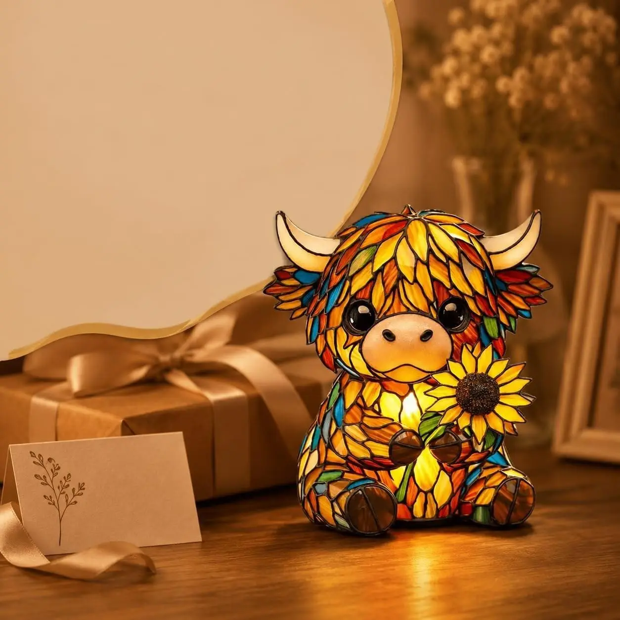 Highland Cow Sunflower LED Night Light, 5.9 Inch Colorful Glass Style Resin Desk Lamp, Decorative Desktop Ornament, Unique Animal Gift for Teens