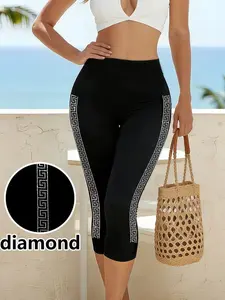 Summer Rhinestone Skinny Fit Pants, Women's Capri Leggings, Fashionable All-Season Bottoms, Trendy Ladies' Cropped Tights