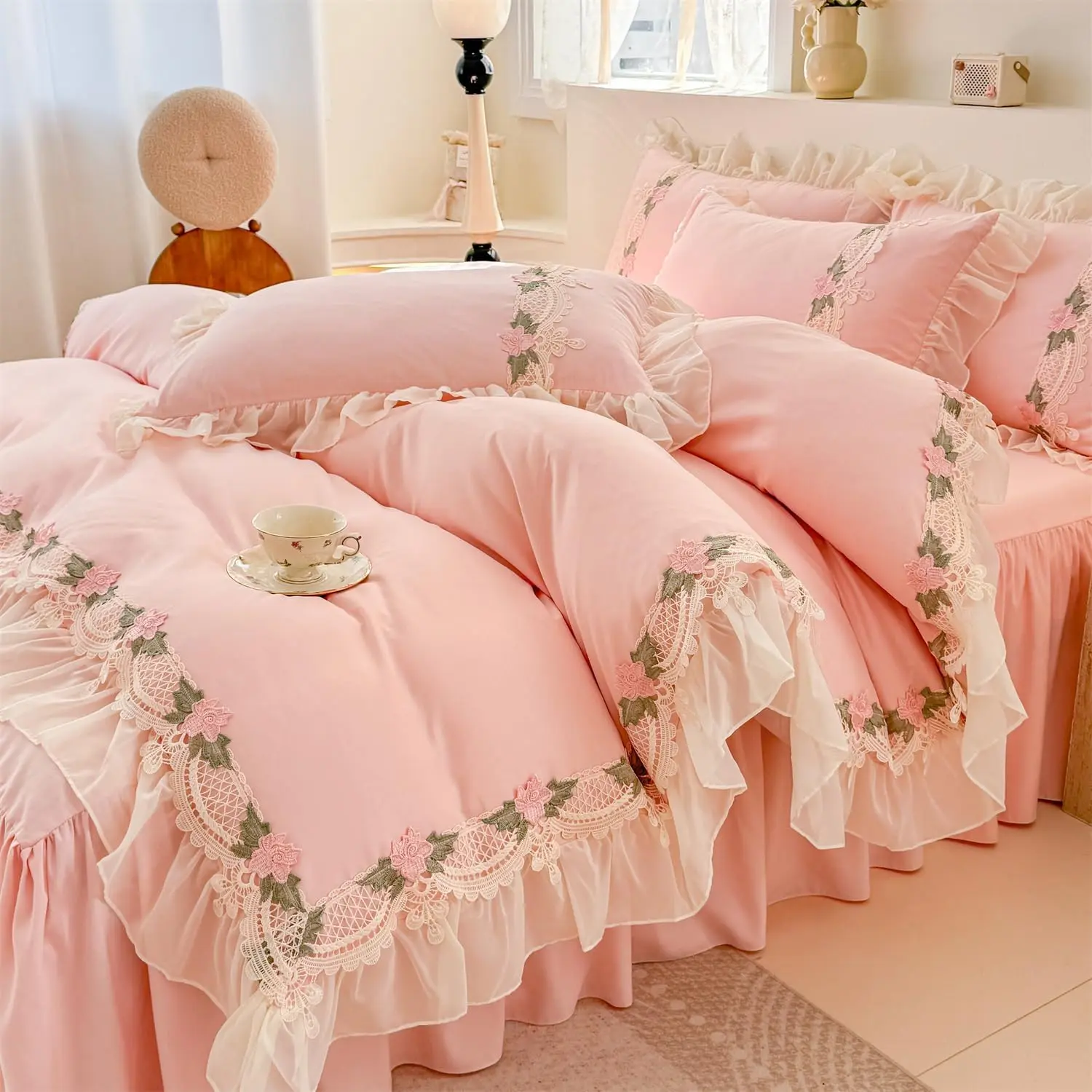 Floral Chic Lace Ruffled Bedding Set, 1 Duvet Cover + 1 Pillowcases Set,Girl French Style Bedding-2 Piece Twin Duvet Cover with Zipper Closure -Soft and Light Weight-No Comforter