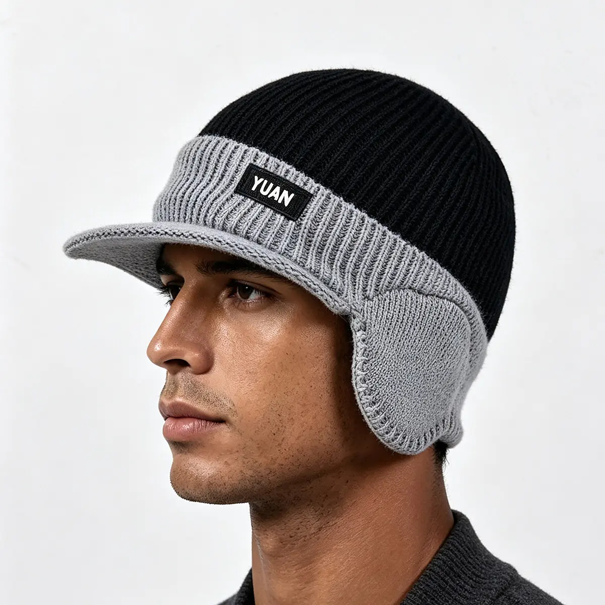Visor Earflap Knit Trapper Hat, Color Block Rib Knit Outer Plush Fleece Lining With Letter Label Stretch Warm Cap, Winter Cycling Running Streetwear Windproof Unisex Headwear