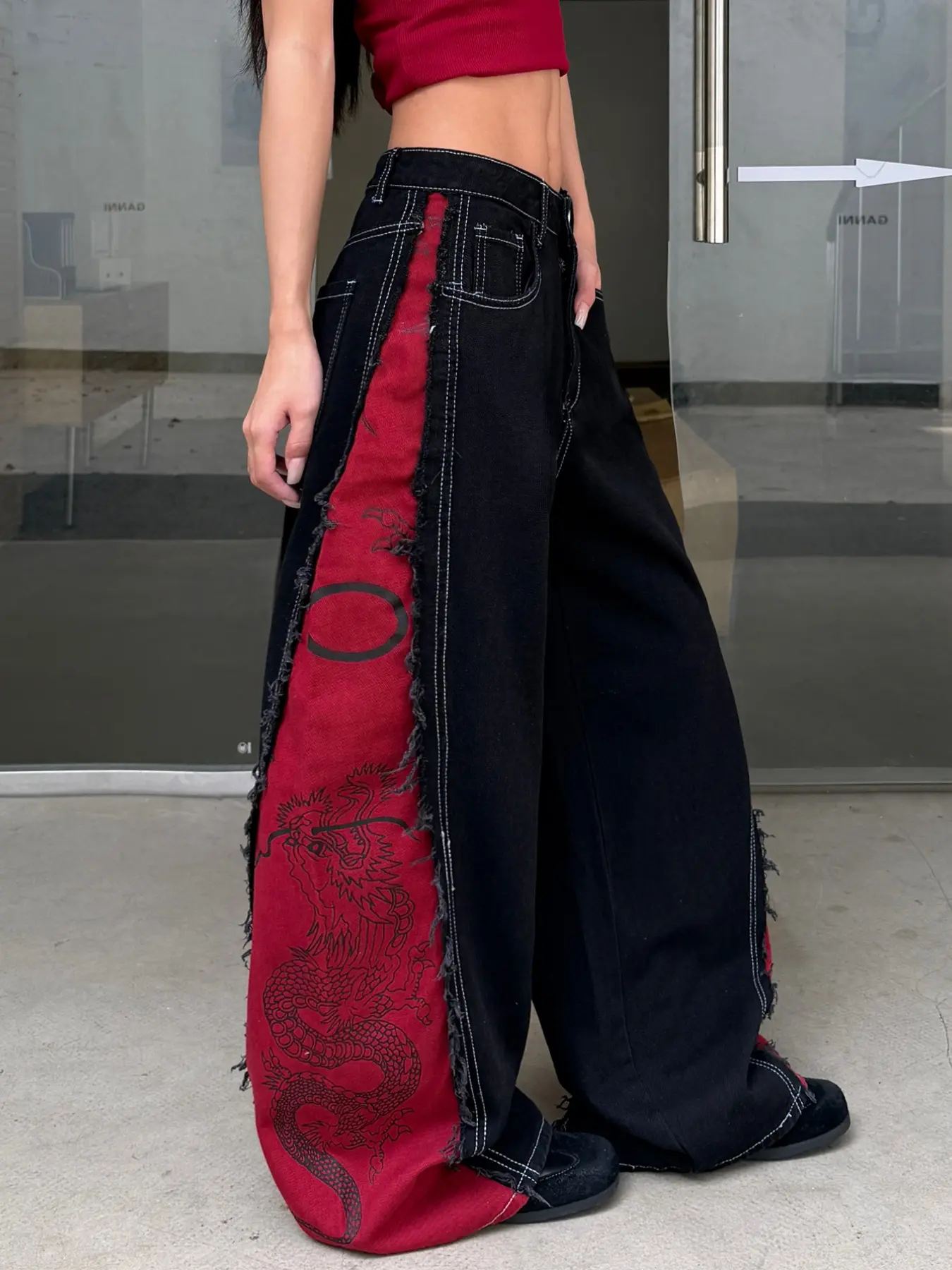 Women's Denim Jeans, Colorblock Frayed Edge Dragon Print Straight Leg Wide Leg Jeans, Y2K Streetwear Fashion Vibe Long Pants