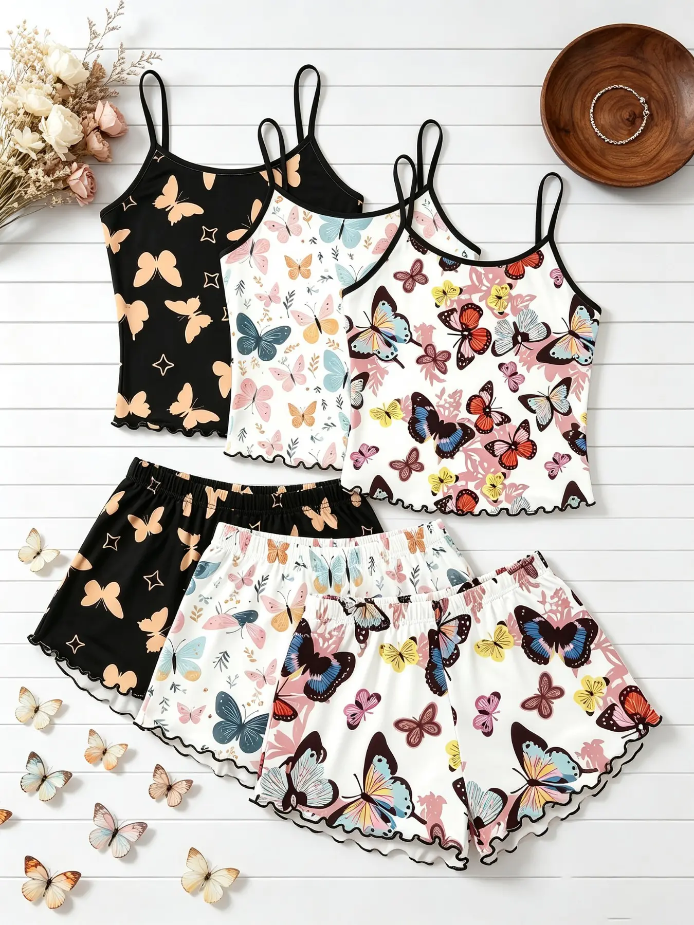 Women's Sleepwear & Loungewear 6 Pack Multipack Value Matching Set Colorful Butterfly Print Summer Spaghetti Strap Ruffle Lettuce Hem Contrast Trim Soft Stretch Lightweight Sleeveless Cami Top Short Pants Casual Two Piece Outfit Home Daily Wear