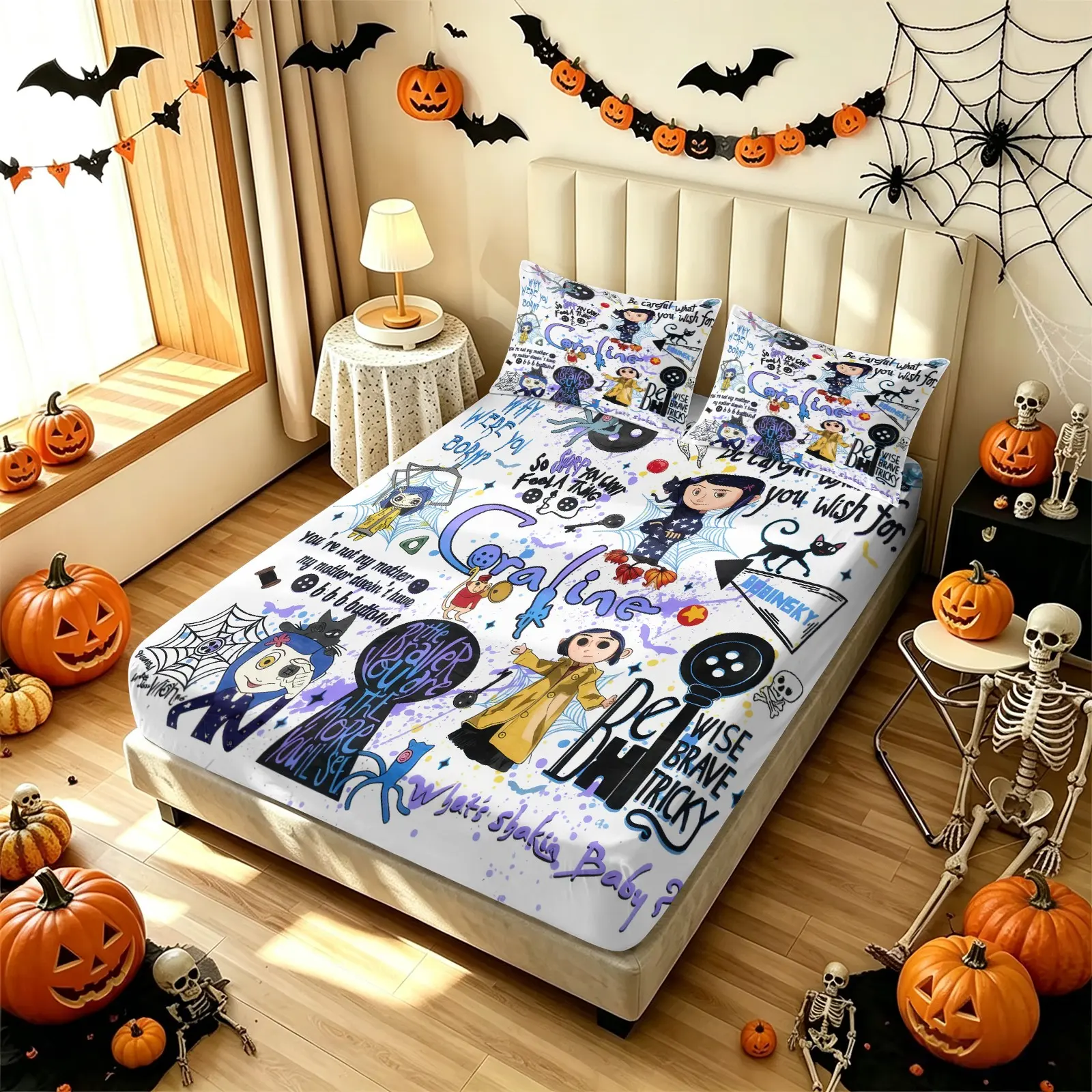 Coraline Graffiti Fitted Sheet Set, 1 Bed Sheet + 2 Pillowcases, Black Cat Button Eyes Key Spider Web Print, Comfortable and Skin-Friendly Bedding, Dark Fairy Tale Halloween Theme Room Movie Fans Bedroom Decor