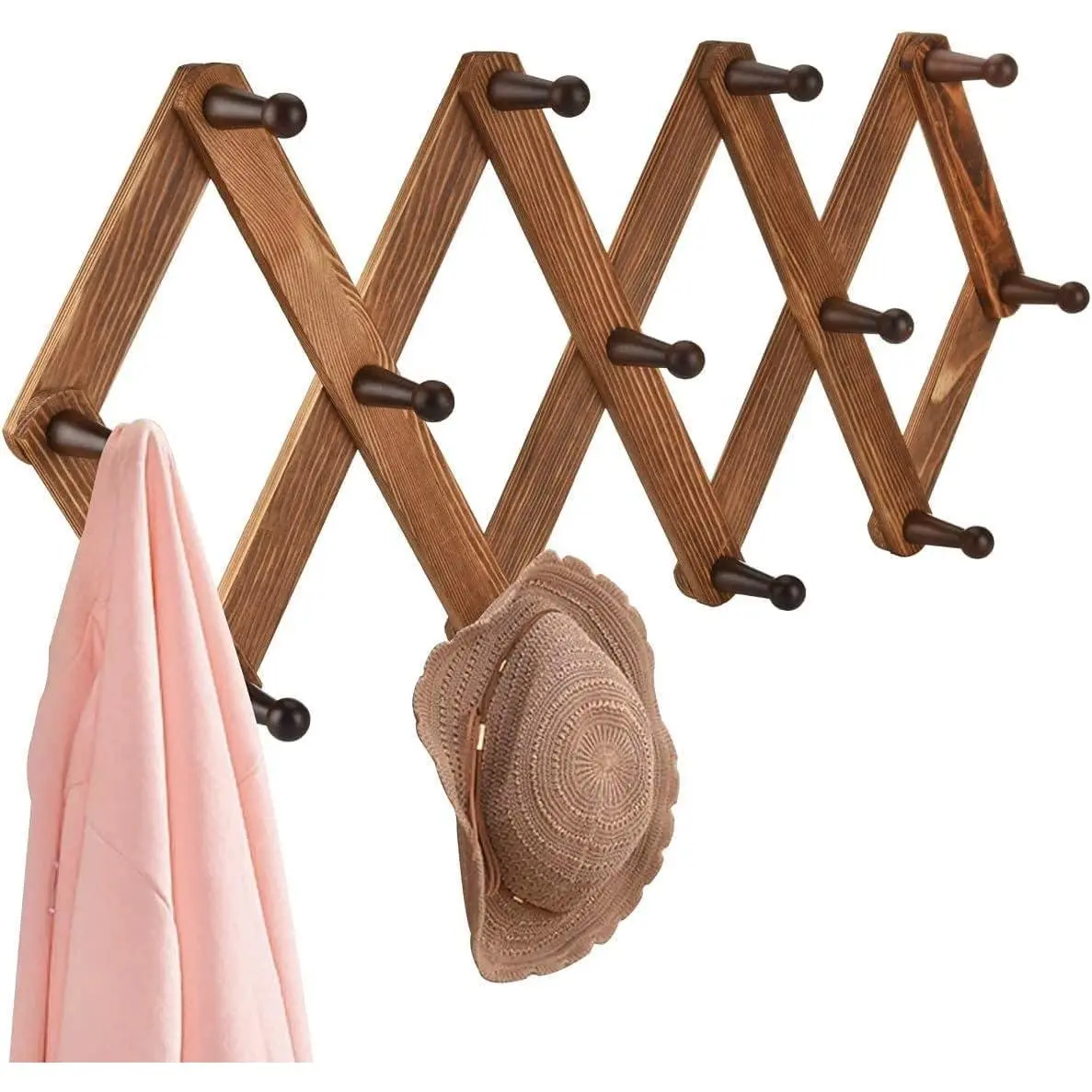 Expandable Peg Rack- Multi-Purpose Accordion Wall Hangers with 13 Hooks for Hats, Coat, Mugs, Scarf,  Storage