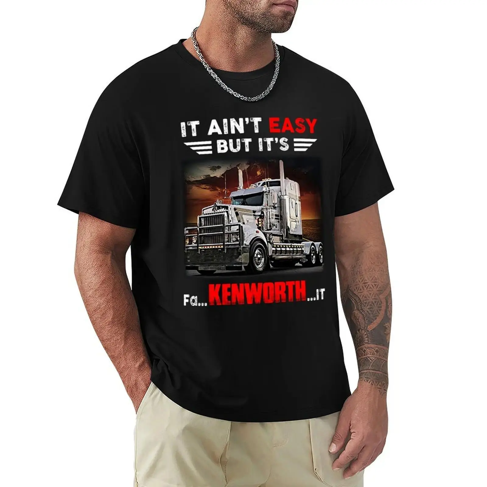 Men's Kenworth Logo Graphic Short-Sleeves T-Shirt - Crew Neck, Casual Minimalist Top with Trending "Truck It Ain't Easy But It's Fun" Print Slogan