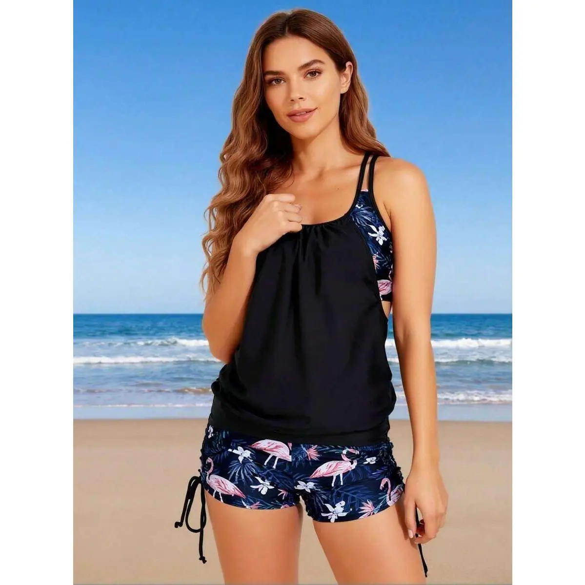 2026 New Women's Sexy Fashion Navy Flamingo Print Two-Piece Boyleg Swimsuit For Vacation & Leisure