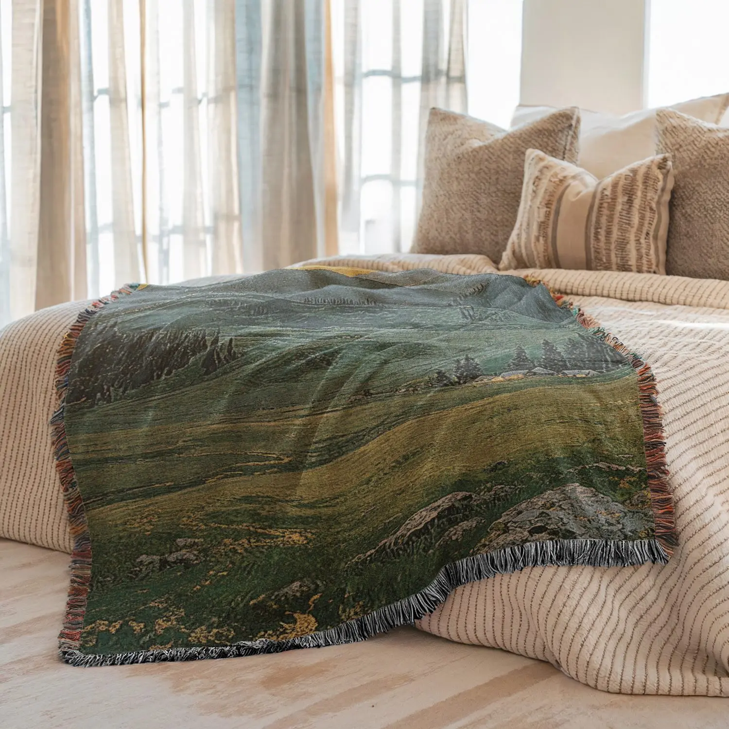 Multi-Function Tassel Woven Blanket Twilight Grassland Pattern Bed Blanket, Decorative Blanket, Sofa Cover Couch Throw Blanket Armchair Home Decor Wall Art Tapestry