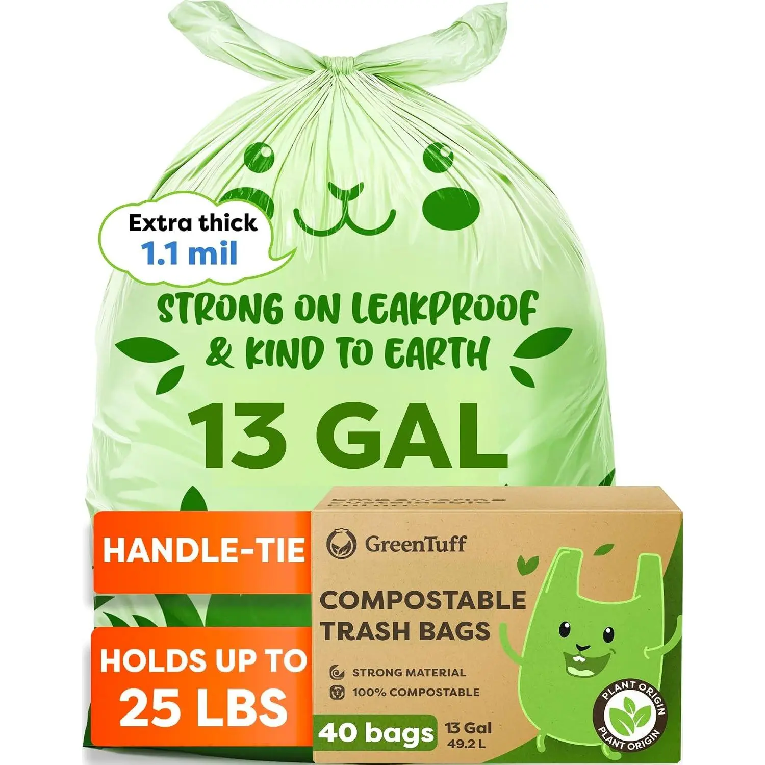 13 Gallon Compostable Trash Bags 40 Count Leakproof Plant-based Thick 1.1 Mil Tall Kitchen Garbage Bags ASTM D6400 BPI Certified Heavy-Duty Large Food Scrap Liner Bag with Handle-Tie
