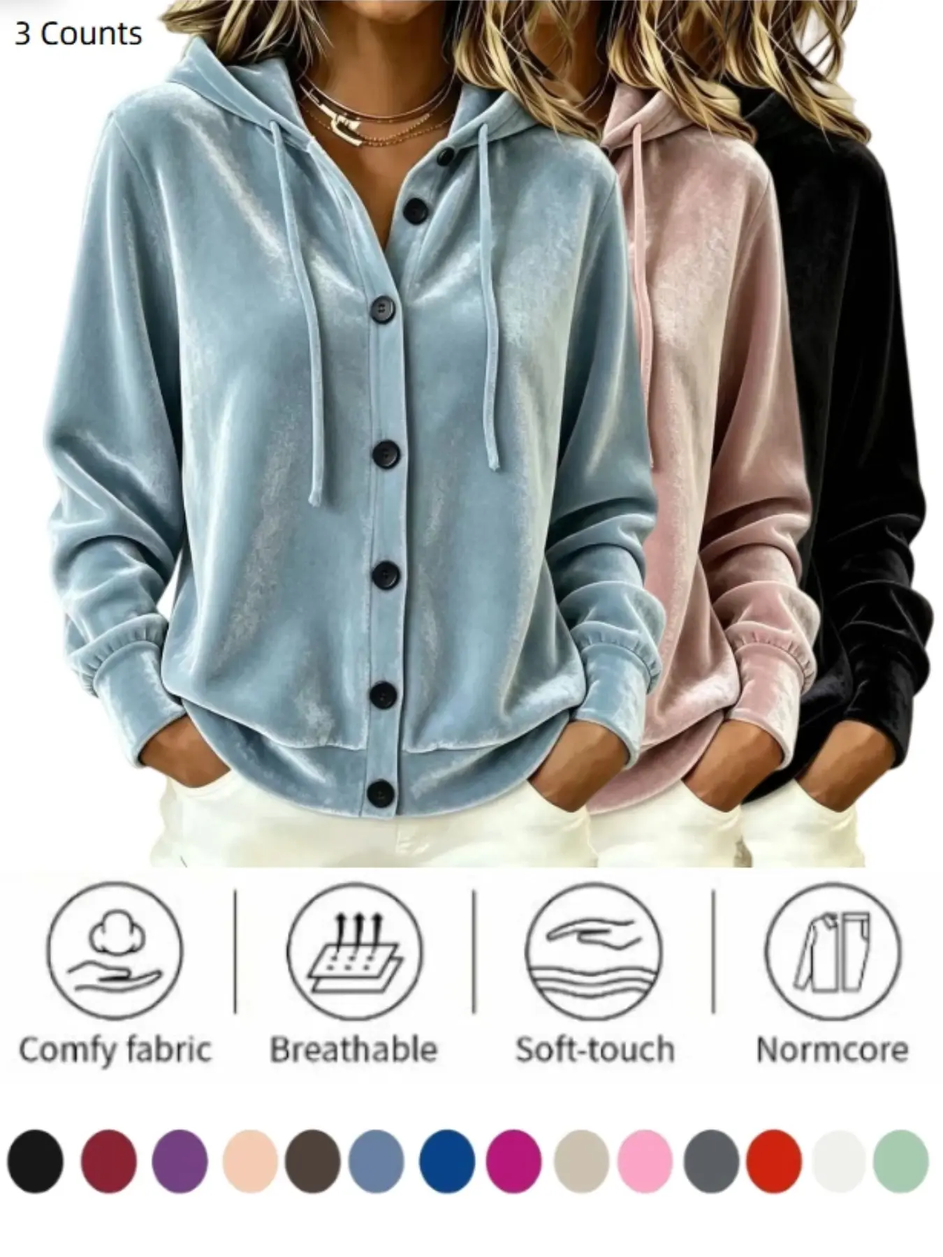 Women 1/3 piece Velour Fabric Button Front Drawstring Hoodie Elastic Cuff Loose Fit Casual Daily Long Sleeve Outerwear