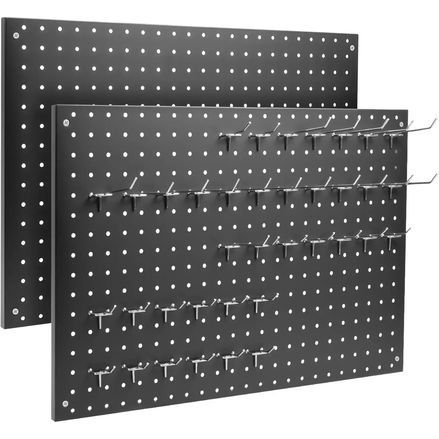 Peg Board, 2 Pack Metal Pegboard Panels Black Pegboards Wall Organizer with Frame Large Heavy Duty Peg Board with Hooks for Walls ,Garage Tool Storage,Office Organization,Kitchen 24”×16”