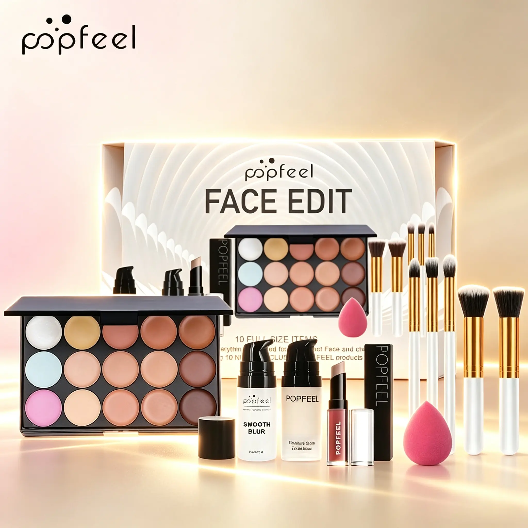 POPFEEL FACE EDIT Multi-function Makeup Set, Facial Makeup Set, Fine Pigment Earth Eyeshadow Longwear Foundation Matte Lip Gloss Full Collection, Large Capacity DIY Beauty Gift Box For Newbies