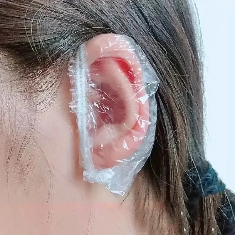 A set of 100 waterproof ear cover kits, featuring transparent elastic protective covers with zipper closure design. Suitable for use in situations such as dyeing, bathing, spa treatments, hairdresser accessories, and more.