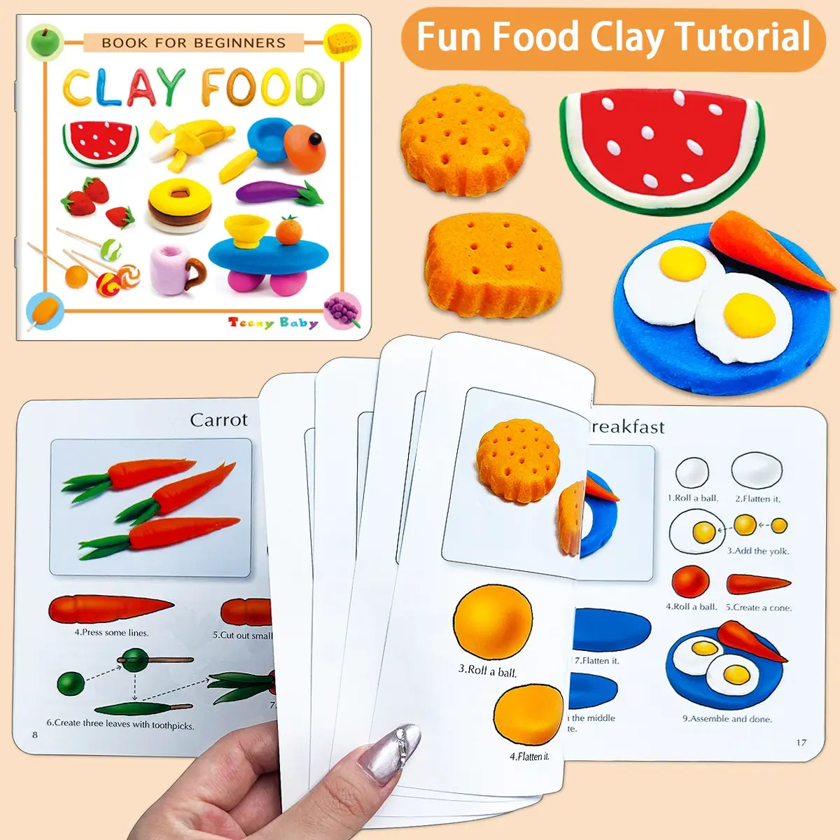 English Clay Food Step-By-Step Tutorial Book, Thick Hard Cover, Full Color Printing, Safe Rounded Edges, Eco-Friendly, Perfect Gift