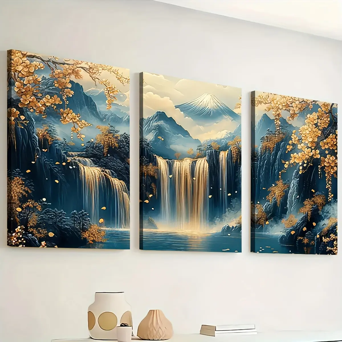 [2D Prints] 3-Piece Light-Luxury Abstract Waterfall & Mountain Landscape Framed Canvas Art, Ready-to-Hang Home Decor Posters for Wall Decoration