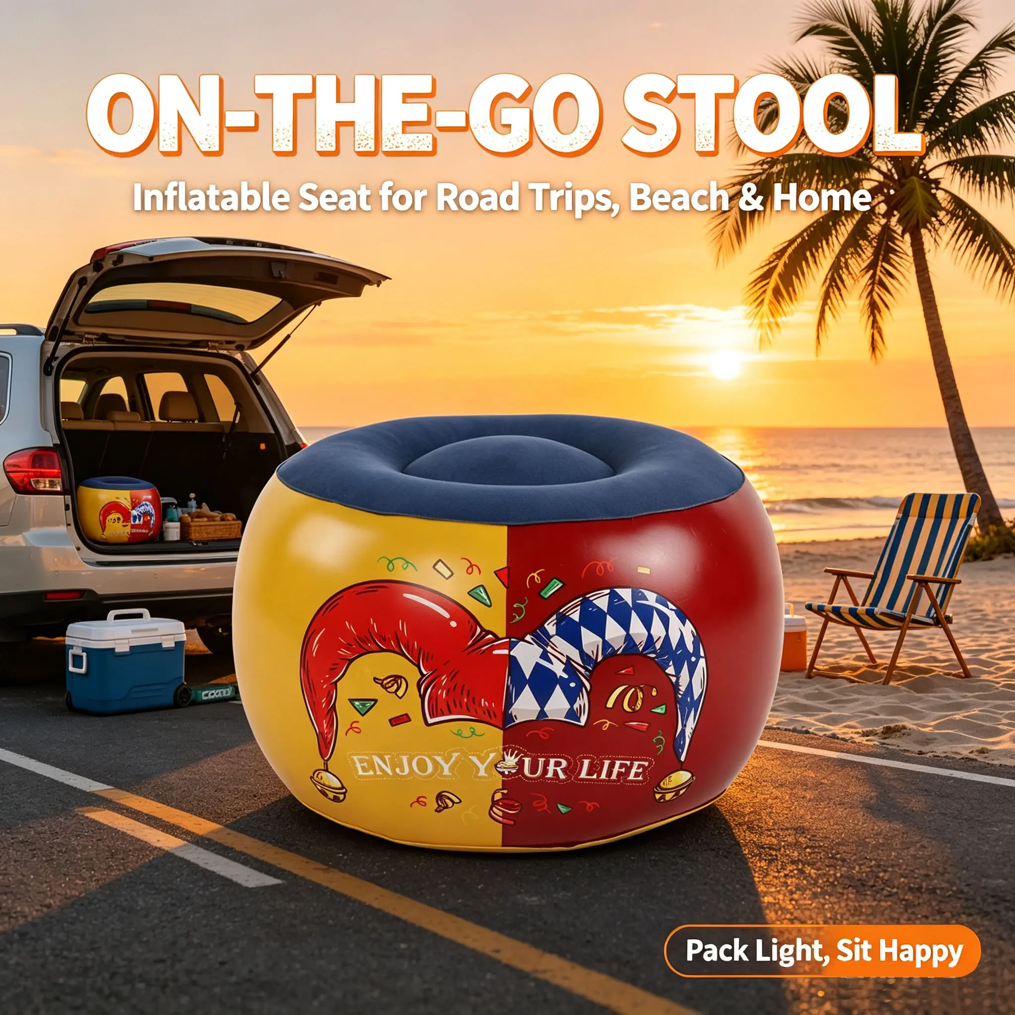 Round Inflatable Ottoman Stool, PVC Construction with Soft Flocked Top, Compact and Portable for Adults, Camping, and Travel