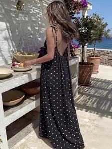 Women's Polka Dot Bow Print Vest Pajamas, Elegant Sleeveless Long Dress, Summer Casual Wear, Women's Indoor Sleepwear