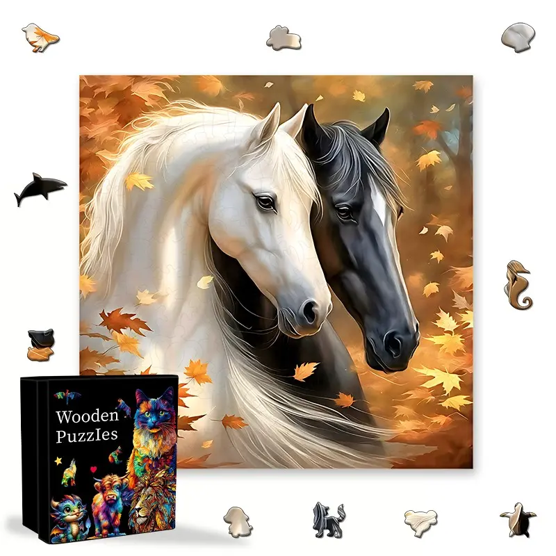 Autumn and Horse Wooden Puzzle, Fun Animal Pieces, Creative Art Puzzle, Adult Stress Relief Game, Unique Home Decor, Great Gift