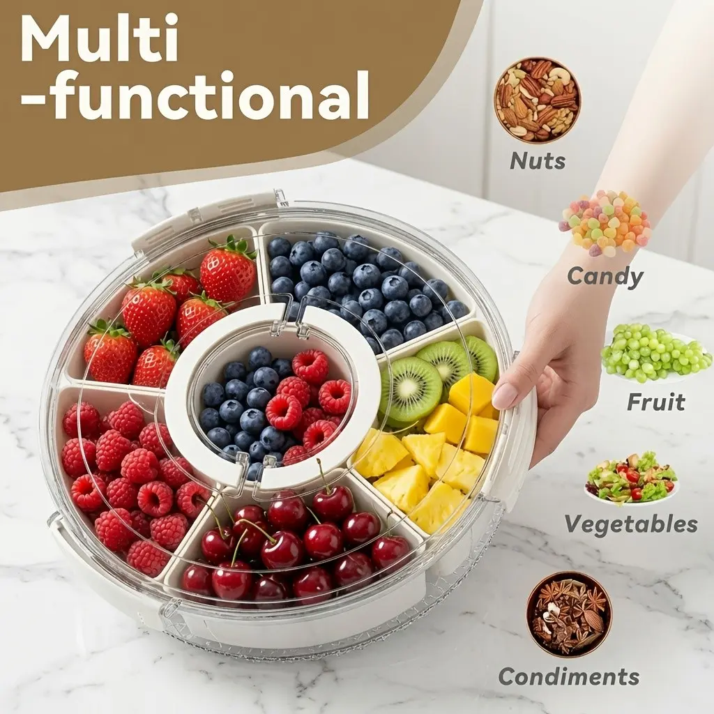 Portable 5/6-Grid Rotating Snack Tray with Lid & Handle - 360° Rotating Multi-Compartment Storage Box Compatible for RV Refrigerator/Camper - Space-Saving 5 or 6-Shelf for Parties, Picnics, Travel - Compact Shelf Rotation