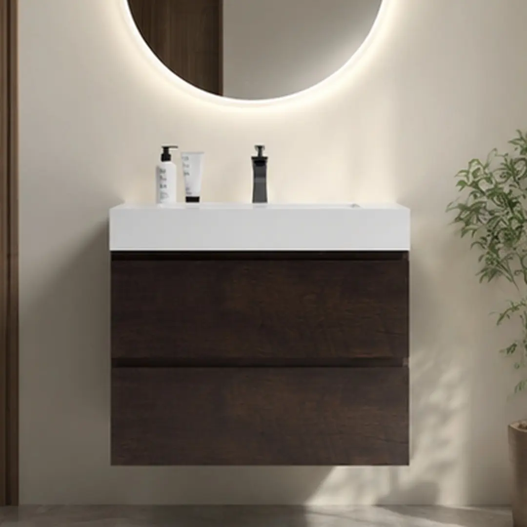 ARCH 30-Inch Wall-Mounted Floating Bathroom Vanity with Sink, Walnut Melamine Cabinet, White Solid Surface Basin, Triple Soft-Close Drawers, Handle-Free Modern Design, Pre-Assembled, Multiple Color Options Available, Black/Gray/Light Oak/Melamine