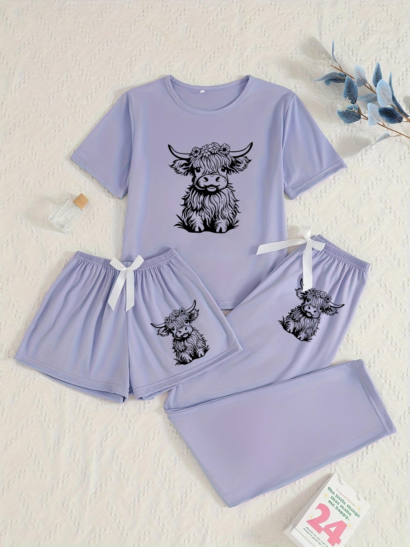 Women's Cow Print Round Neck Short Sleeve Tee & Shorts & Pants Pyjama Set, Pajamas, Casual Comfy Ladies Sleepwear for All Seasons