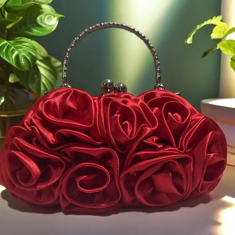 2026 Floral Embellished Fabric Clutch Bag, Elegant Red Rose Design with Sparkling Decorative Handle, Women’s Fashion Evening Handbag, Versatile Accessory for Wedding, Banquet and Formal Occasions