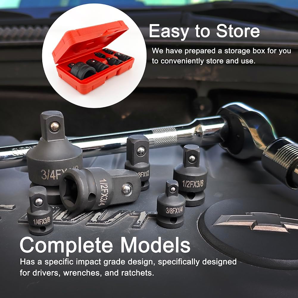 6 Piece Impact Socket Adapter Set, Standard SAE, 1/4, 3/8, 1/2" Cr-V Steel Impact Driver & Wrench Conversion Kit Socket Reducer, Locking Socket Adapter Set