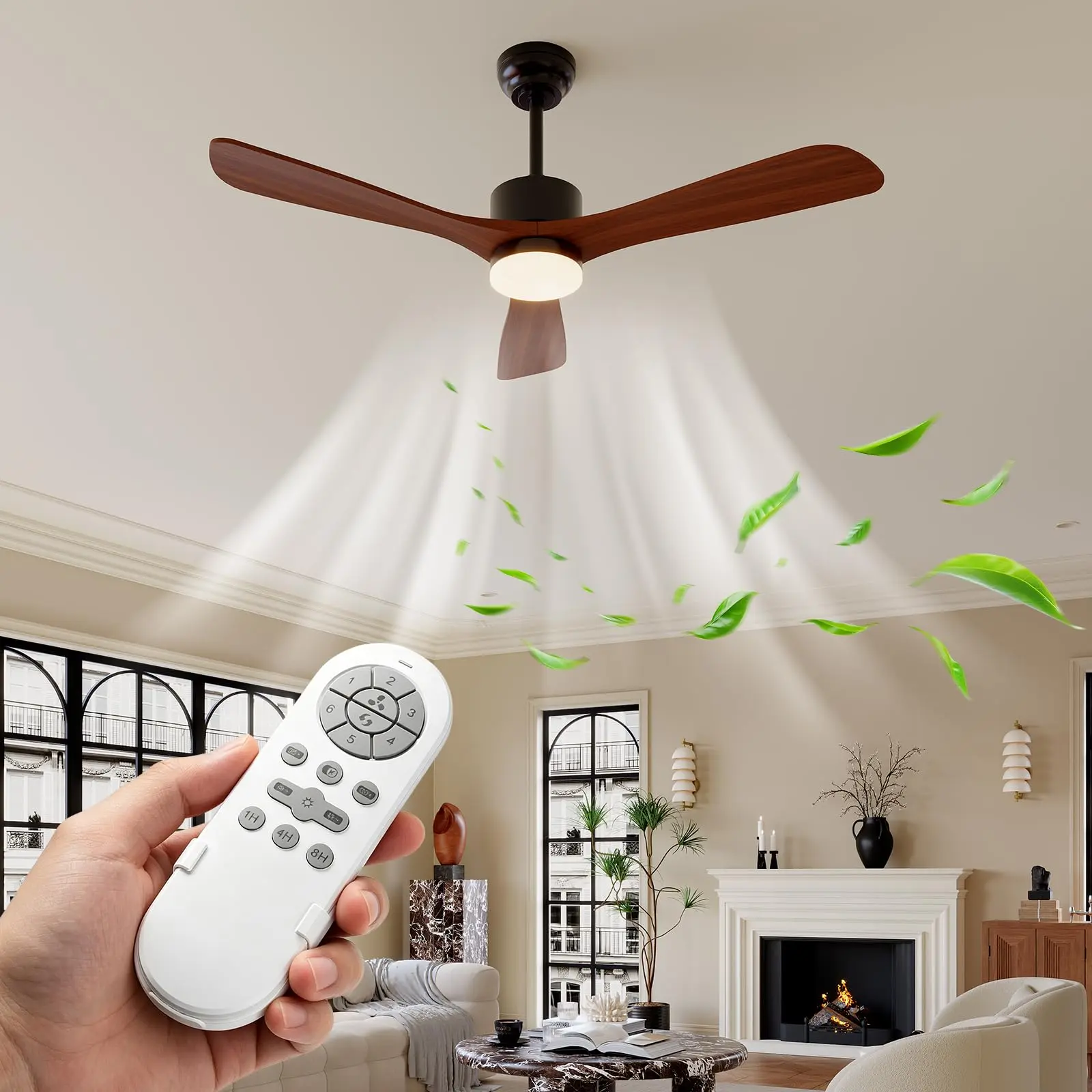 GARVEE Quiet Reversible DC Motor Ceiling Fan with Light and Remote Control, 6-Speed Modern Ceiling Fan, 24W Dimmable 3CCT LED Light, Solid Wood Blades, Brown/Black