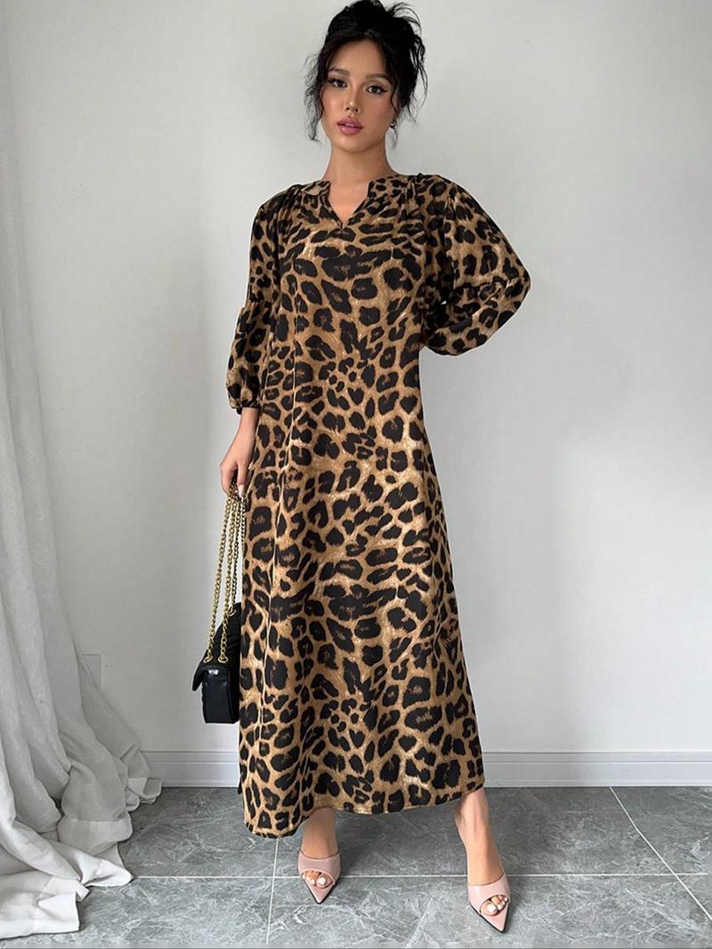 【Plus Size】 Leopard Print Notched Neck Dress, Casual Bishop Sleeve Dress for Spring & Fall, Women's Clothes for Daily Wear
