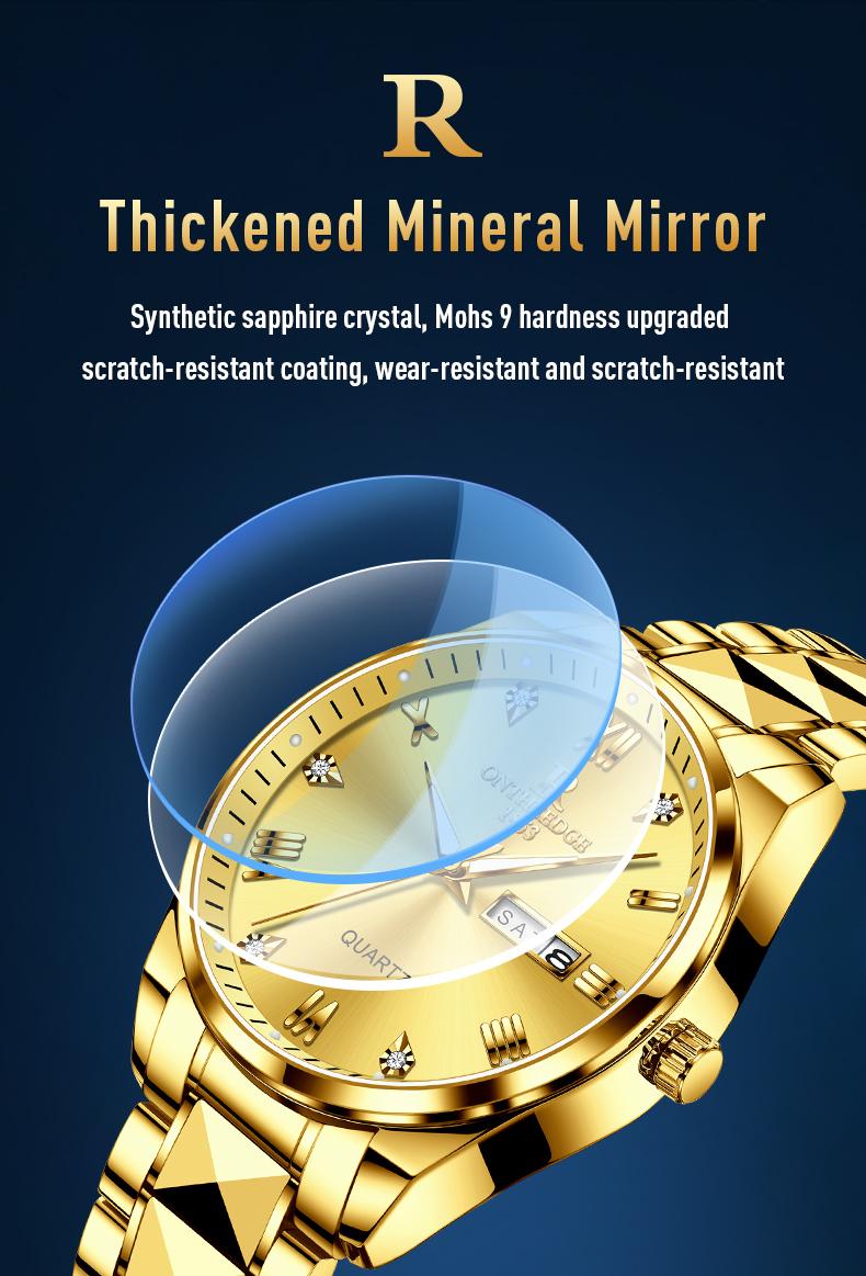 Men's Luxury Gold Tone Quartz Watch - Stainless Steel Wristwatch with Day & Date Calendar, Crystal Diamond Accents, Roman Numerals, Elegant Business Dress Watch, Perfect Gift for Husband Dad