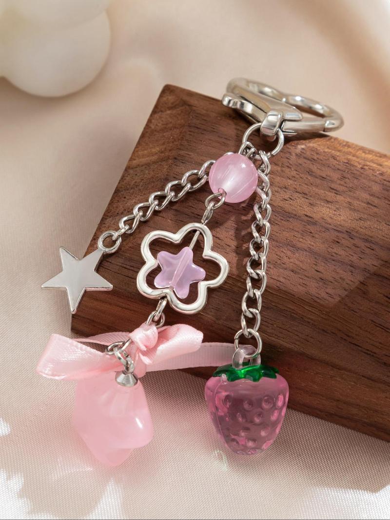 Cute Star & Strawberry & Bowknot Design Keychain, Cute Charms Keychain, Fashionable Keychain for Women & Girls, Trendy All-match Keychain for Birthday Gift