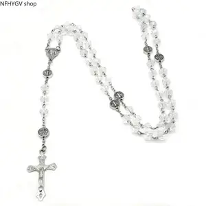 Catholic Religious Statement Jewelry For Adult Women, Crystal Beaded Cross Pendant Crucifix Necklace With Vibrant Colorful Long Bead Chain, Elegant Religious Accessory Ideal For Baptism Gift Daily Outfit Matching